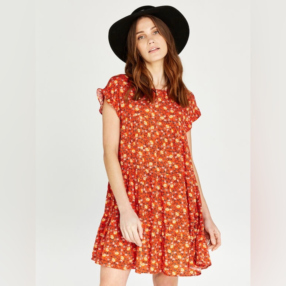 Apricot Orange Floral Tiered Dress